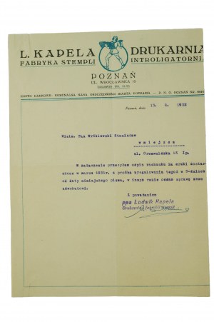 L. KAPELA Továrna na známky, tiskárna, knihařství, Poznań u. Wrocławska 18 - tisk s hlavičkovým papírem, 1932.
