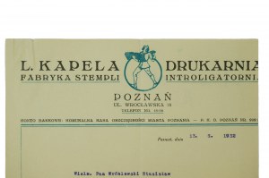 L. KAPELA Továrna na známky, tiskárna, knihařství, Poznań u. Wrocławska 18 - tisk s hlavičkovým papírem, 1932.