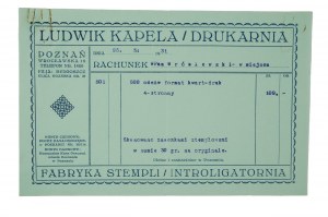 Tipografia Ludwik Kapela, POZNAŃ ul. Wrocławska 18, fattura per 500 proclami, datata 26.3.1931, [N].