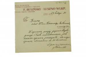 Skład bławatów, konfekcji damskiej i bielizny F. Buliński LESZNO WLKP., dywany, firany i chodniki - druk z nagłówkiem reklamowym, 23 lutego 1931r., [N]