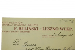 F. Bulinského sklad blúzok, dámskej konfekcie a spodnej bielizne. Buliński LESZNO WLKP., koberce, záclony a koberčeky - tlač s reklamným titulkom, 23. februára 1931, [N].