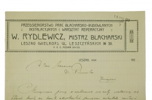 Przedsiębiorstwo Prac Blacharsko-Budowlanych Instalacyjnych i warsztat reparacyjny W. Rydlewicz, LESZNO ul. Leszczyńskich 39 - correspondance sur papier à en-tête, 11 janvier 1932.