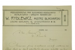Przedsiębiorstwo Prac Blacharsko-Budowlanych Instalacyjnych i warsztat reparacyjny W. Rydlewicz, LESZNO ul. Leszczyńskich 39 - corrispondenza su carta intestata, 11 gennaio 1932.