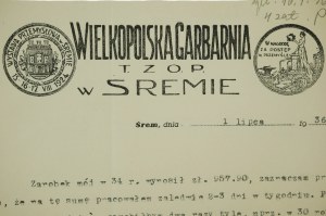 Velkopolská koželužna T. Z O.P. w ŚREMIE - korespondence na tiskovině s reklamní hlavičkou, [N].