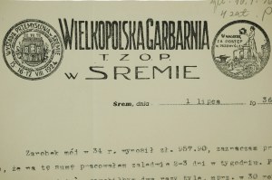 Veľkopoľská garbiareň T. Z O.P. w ŚREMIE - korešpondencia na tlači s reklamnou hlavičkou, [N].