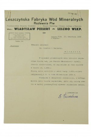 Leszczyńska Fabryka Wód Mineralnych, Władysław Peisert LESZNO stáčírna piva - tisk s hlavičkovým papírem, 20.IV.1932, [N].