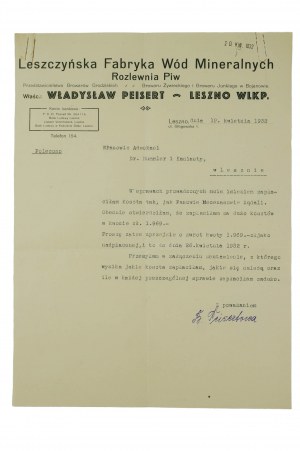 Leszczyńska Fabryka Wód Mineralnych, Władysław Peisert LESZNO usine d'embouteillage de bière - impression avec en-tête, 20.IV.1932, [N].