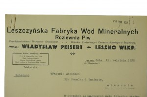 Leszczyńska Fabryka Wód Mineralnych, Władysław Peisert LESZNO stáčírna piva - tisk s hlavičkovým papírem, 20.IV.1932, [N].