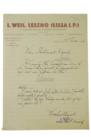 L. Weil, LESZNO [Lissa i.P.] Zweigstelle Wschowa [Fraustadt] - Korrespondenz auf einem Briefbogen, [N].