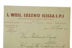 L. Weil, LESZNO [Lissa i.P.] Zweigstelle Wschowa [Fraustadt] - Korrespondenz auf einem Briefbogen, [N].