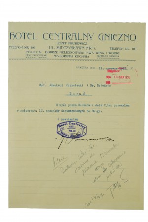 Hotel Central GNIEZNO 7 Via Mieczysawa, Jozef Prusinowski - corrispondenza su carta intestata 11.06.1933.