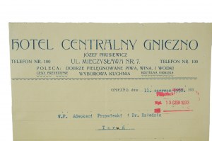 Hotel Central GNIEZNO 7 Via Mieczysawa, Jozef Prusinowski - corrispondenza su carta intestata 11.06.1933.