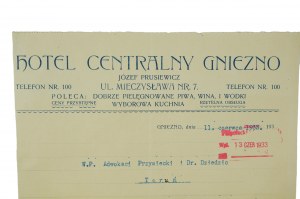 Hotel Central GNIEZNO Ulica Mieczysawa 7, Jozef Prusinowski - korešpondencia na hlavičkovom papieri 11.06.1933.