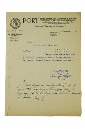 PORT Spółka Akcyjna Tow. Ubezpieczeń w Warszawie, Regionálne riaditeľstvo v Poznani, výtlačok s hlavičkovým papierom spoločnosti, dátum 18. XI. 1930.