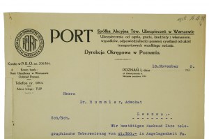 PORT Spółka Akcyjna Tow. Ubezpieczeń w Warszawie, Regional Directorate in Poznań, imprimé avec l'en-tête de la société, daté du 18.XI.1930.