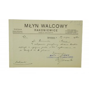 Młyn Walcowy RAKONIEWICE, powiat Wolsztyn, KORESPONDENCJA na druku z nagłówkiem firmowym, datowany 17.3.1926r., [N]