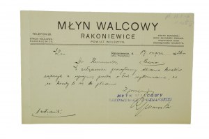 Moulin de Waltz RAKONIEWICE, comté de Wolsztyn, CORRESPONDANCE sur papier à en-tête, datée du 17.3.1926, [N].