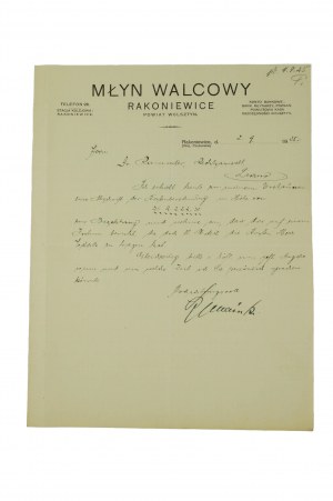 RAKONIEWICE WALKING MILL, Wolsztyn county, CORRESPONDENCE on letterhead, dated 2.9.1925, [N].