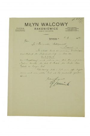 Mulino WALCOWY RAKONIEWICE, contea di Wolsztyn, CORRISPONDENZA su carta intestata, datata 2.9.1925, [N].