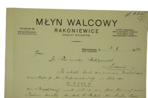 MŁYN WALCOWY RAKONIEWICE, powiat Wolsztyn, KORESPONDENCJA na druku z nagłówkiem firmowym, datowana 2.9.1925r., [N]