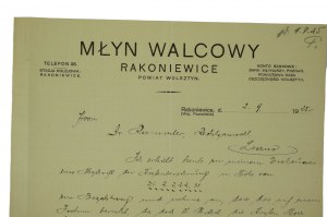 RAKONIEWICE WALKING MILL, Wolsztyn county, CORRESPONDENCE on letterhead, dated 2.9.1925, [N].