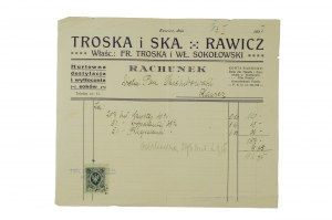 TROSKA i Ska, Hurtowna, destylacja i wytłocznia soków, właści. Fr. Troska i Wł. Sokołowski, druk z nagłówkiem firmowym, datowany 13.I.1927r.