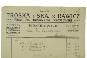 TROSKA et Ska, Vente en gros, distillation et pressage de jus, proprement dit. Fr. Troska et Wł. Sokołowski, imprimé avec l'en-tête de la société, daté du 13.I.1927.