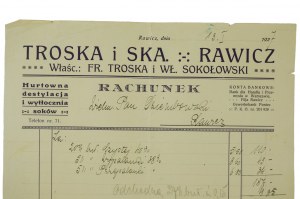 TROSKA a Ska, Velkoobchod, destilace a lisovna šťáv, vlastní. Fr. Troska a Wł. Sokołowski, tisk s hlavičkou firmy, datováno 13.I.1927.