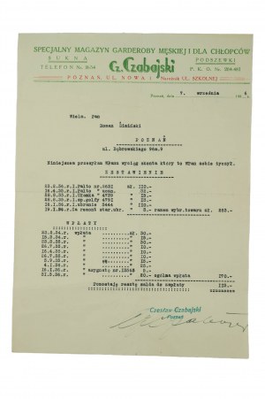 Magazzino speciale per guardaroba maschile per ragazzi, stoffa, fodera Cz. Czabajski, Poznań, via Nowa 1, angolo via Szkolna, stampa con carta intestata dell'azienda, datata 7 settembre 1936