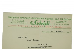 Magazzino speciale per guardaroba maschile per ragazzi, stoffa, fodera Cz. Czabajski, Poznań, via Nowa 1, angolo via Szkolna, stampa con carta intestata dell'azienda, datata 7 settembre 1936