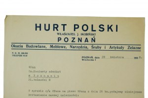 HURT POLSKI właściciel J. Skibiński, okucia budowlane, meblowe, narzędzia, śruby i artykuły żelazne, druk z nagłówkiem firmowym,, 28 kwietnia 1938r.