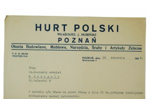 HURT POLSKI majitel J. Skibiński, okucia budowlane, mebblowe, narzędzia, śruby i artykuły żelazne, tisk s hlavičkou, 28. dubna 1938.