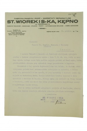 Fabbrica di macchine e pompe - officina di riparazione St. Wiórek e Ska, Kępno, stampa con carta intestata dell'azienda, datata 28 dicembre 1931, [N].