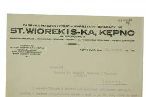 Továrna na stroje a čerpadla - opravárenská dílna St. Wiórek a Ska, Kępno, tisk s hlavičkovým papírem firmy, datováno 28. prosince 1931, [N].
