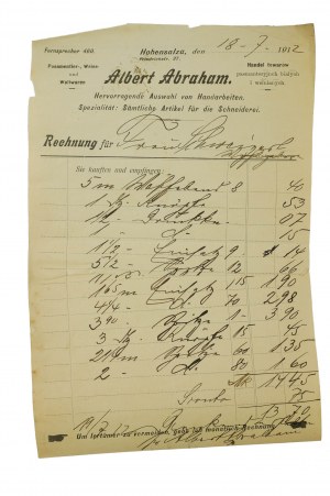 Albert ABRAHAM Hervorragende Auswahl an Handarbeiten, Spezialität: alle Artikel zum Nähen, RECHNUNG vom 18.7.1912, Inowroclaw [Hohensalza], [N].