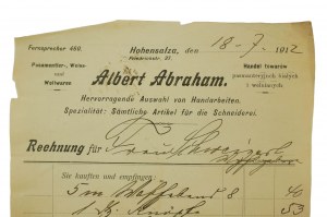 Albert ABRAHAM Doskonały wybór rękodzieł, specjalność: wszystkie artykuły do szycia, RACHUNEK z dnia 18.7.1912r., Inowroclaw [Hohensalza], [N]