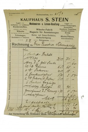 S. Stein Modewaaren & Leinen-Handlung, Wäsche fabrik [Entrepôt de mode et de sous-vêtements, blanchisserie] INOWROCŁAW, COMPTE daté du 25.9.1915, [N].