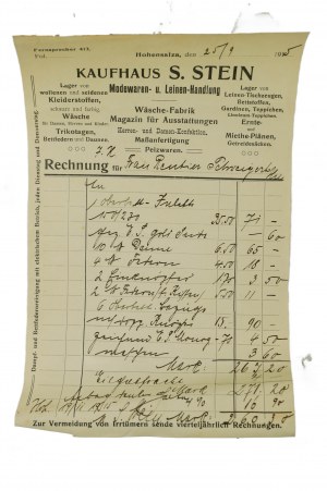 S. Stein Modewaaren & Leinen-Handlung, Wäsche fabrik [Fashion and Linen Warehouse, Laundry] INOWROCŁAW, ACCOUNT dated 25.9.1915, [N].