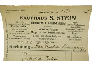 S. Stein Modewaaren & Leinen-Handlung, Wäsche fabrik INOWROCŁAW, RECHNUNG vom 25.9.1915, [N].