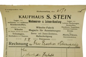 S. Stein Modewaaren & Leinen-Handlung, Wäsche fabrik [Sklad módy a prádla, prádelna] INOWROCŁAW, ÚČET z 25.9.1915, [N].