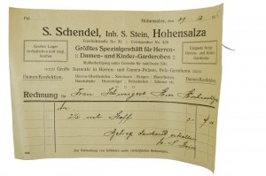 S. Schendel Inh. S. Stein Größtes Fachgeschäft für Herren-, Damen- und Kinderbekleidung, INOWROCŁAW - Rechnung 29.12.1916, [N].
