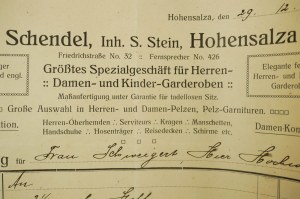 S. Schendel Inh. S. Stein Největší specializovaný obchod s pánskými, dámskými a dětskými oděvy, INOWROCŁAW - účet 29.12.1916, [N].