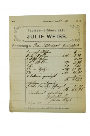 Tapisserie Manufaktur von Julie Weiss [Stoffmanufaktur], RECHNUNG vom 22.11.1913 Inowrocław, [N].