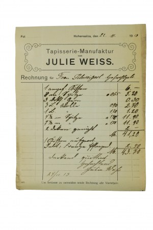 Tapisserie Manufaktur von Julie Weiss [manufaktúra tkanín], ÚČTOVNÝ LIST z 22.11.1913 Inowrocław, [N].