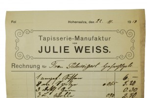 Tapisserie Manufaktur von Julie Weiss [manufaktúra tkanín], ÚČTOVNÝ LIST z 22.11.1913 Inowrocław, [N].