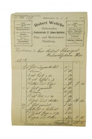 Robert Wettcke Shop with haberdashery and fashion articles ACCOUNT dated 1.6.1912, Inowrocław, [N].