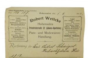 Robert Wettcke Obchod s galantérnym a módnym tovarom ÚČTOVNÝ LIST z 1.6.1912, Inowrocław, [N].
