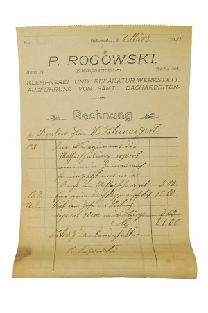 P. ROGOWSKI Blacharstwo i warsztat naprawczy. Wykonuje wszystkie prace dachowe. RACHUNEK z dnia 1 marca 1915r., [N]
