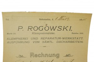 P. ROGOWSKI Spenglerei und Reparaturwerkstatt. Führt alle Dacharbeiten aus. RECHNUNG vom 1. März 1915, [N].