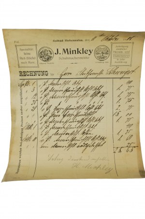 J. MINKLEY shoemaker [Schuhmachermeister] ACCOUNT dated 11.10.1908 Inowrocław, [N].